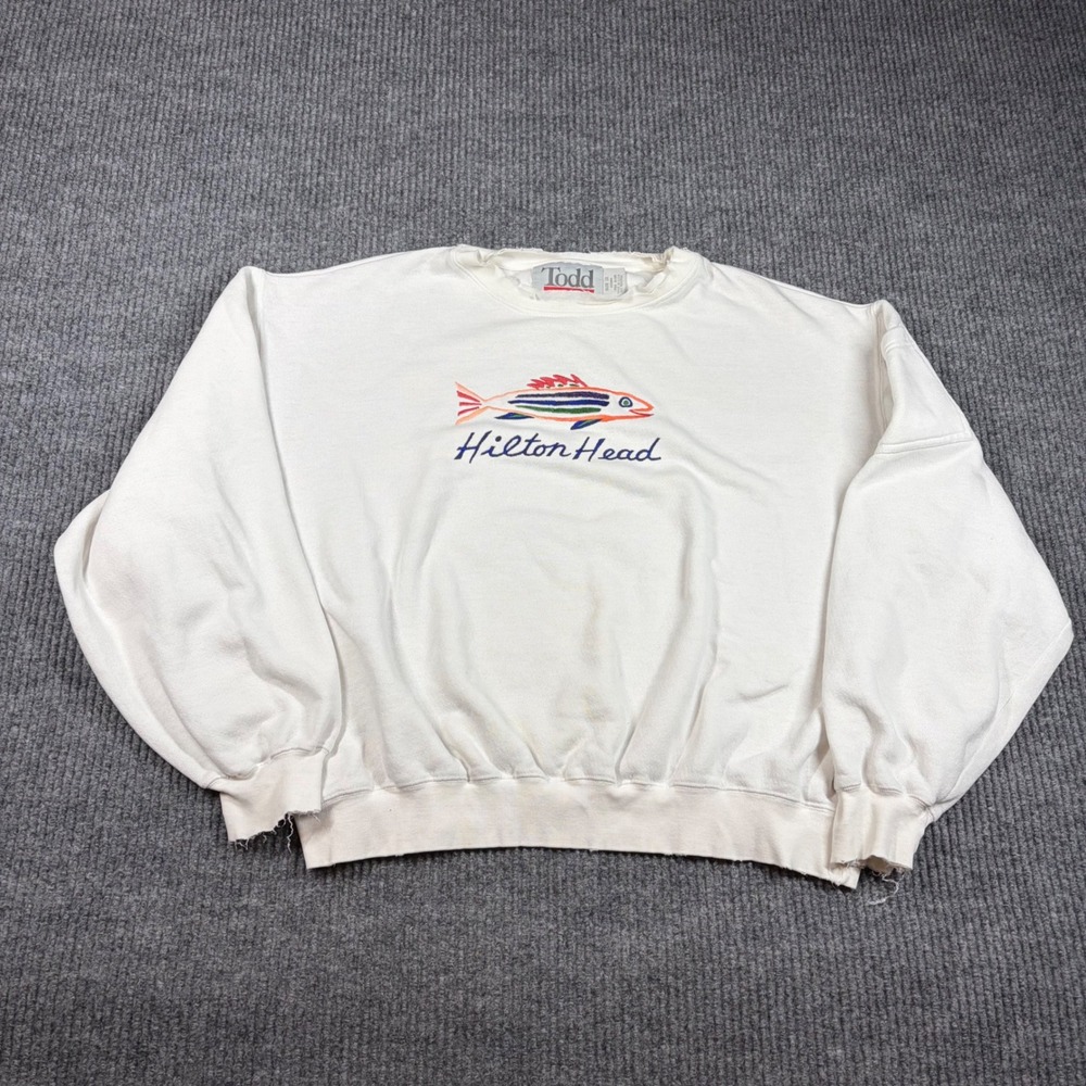 Vintage‎ Todd Hilton Sweatshirt Men's XL  Head Fish Graphic White Distressed